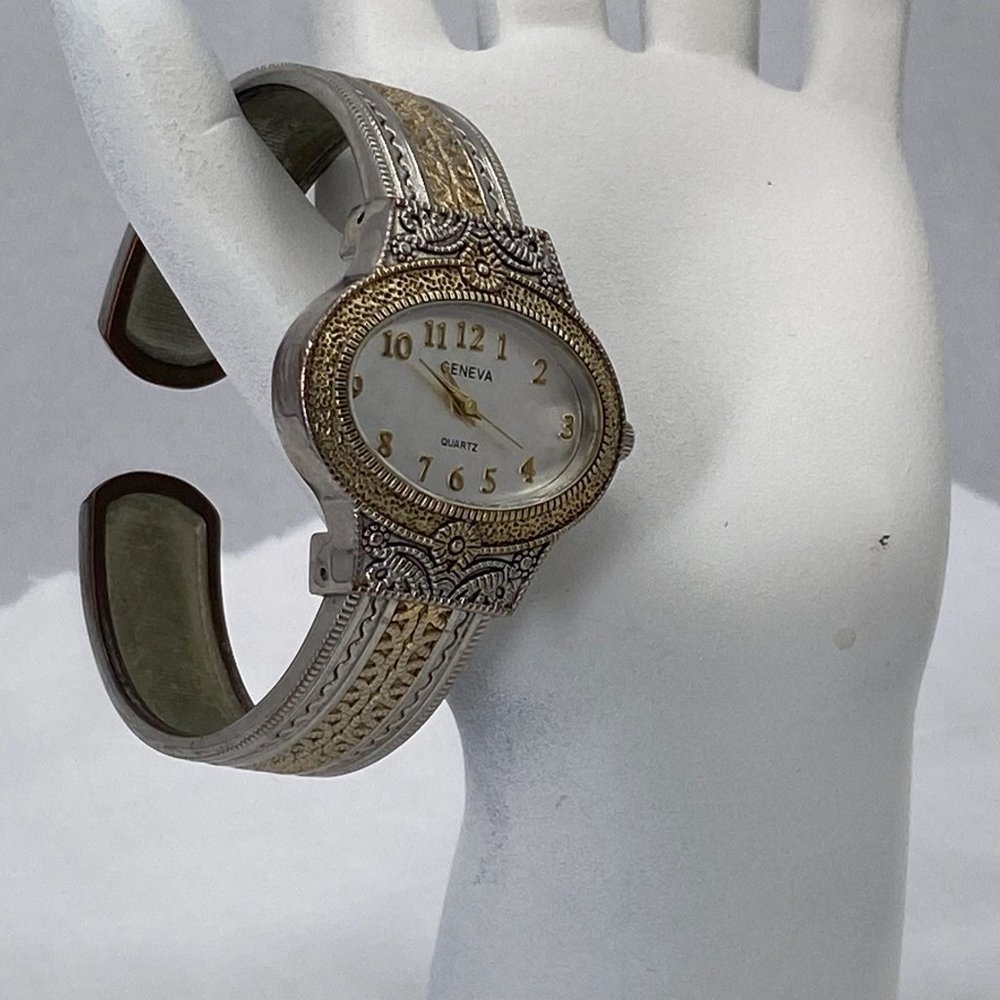 Lady's Watch on Gold tone Silver Tone Bangle Geneva Quartz New Battery